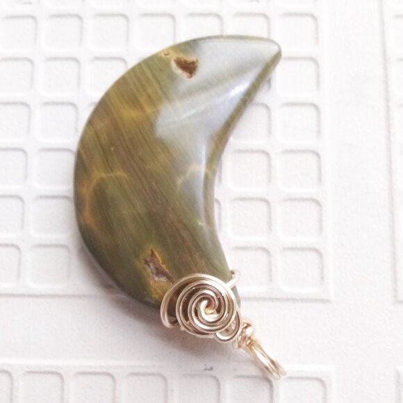 Genuine Jasper Moon Pendant - Hunter Sage Green - Wire Wrapped - Moon Goddess - Picture 1 of 8